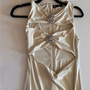 Zara Cream Strapless Satin Cutout Dress with Decorative Rosettes